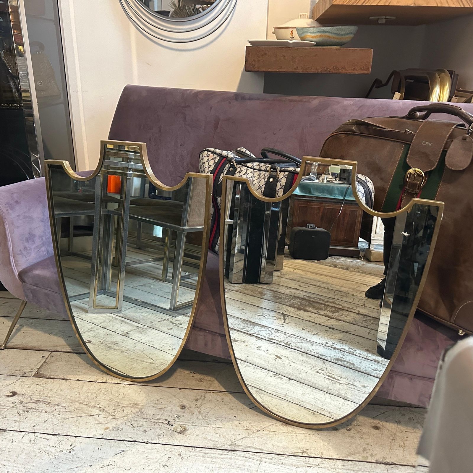 Two 1950s Gio Ponti Style Mid Century Modern Brass Shield Italian Wall Mirrors photo furniture