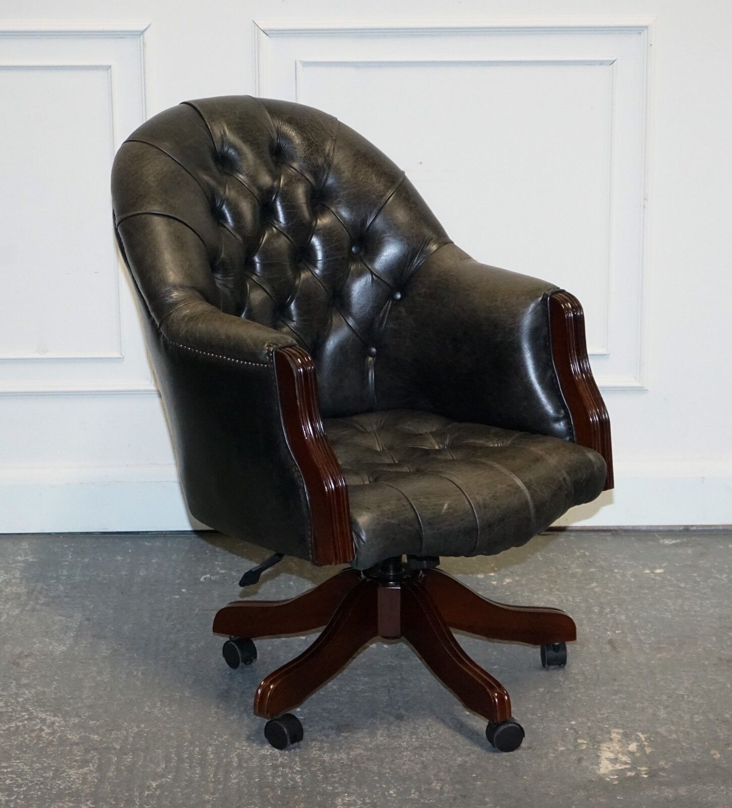 Vintage Chesterfield Dark Aged Grey Leather Directors Swifel Captains Chair photo furniture