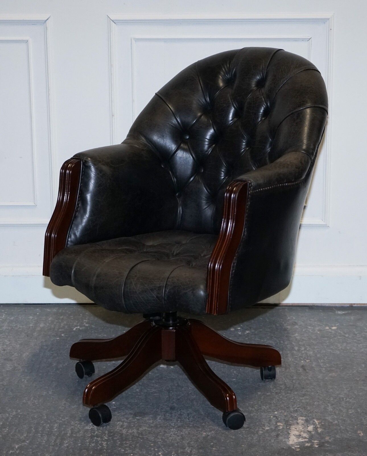 Vintage Chesterfield Dark Aged Grey Leather Directors Swifel Captains Chair photo for sale