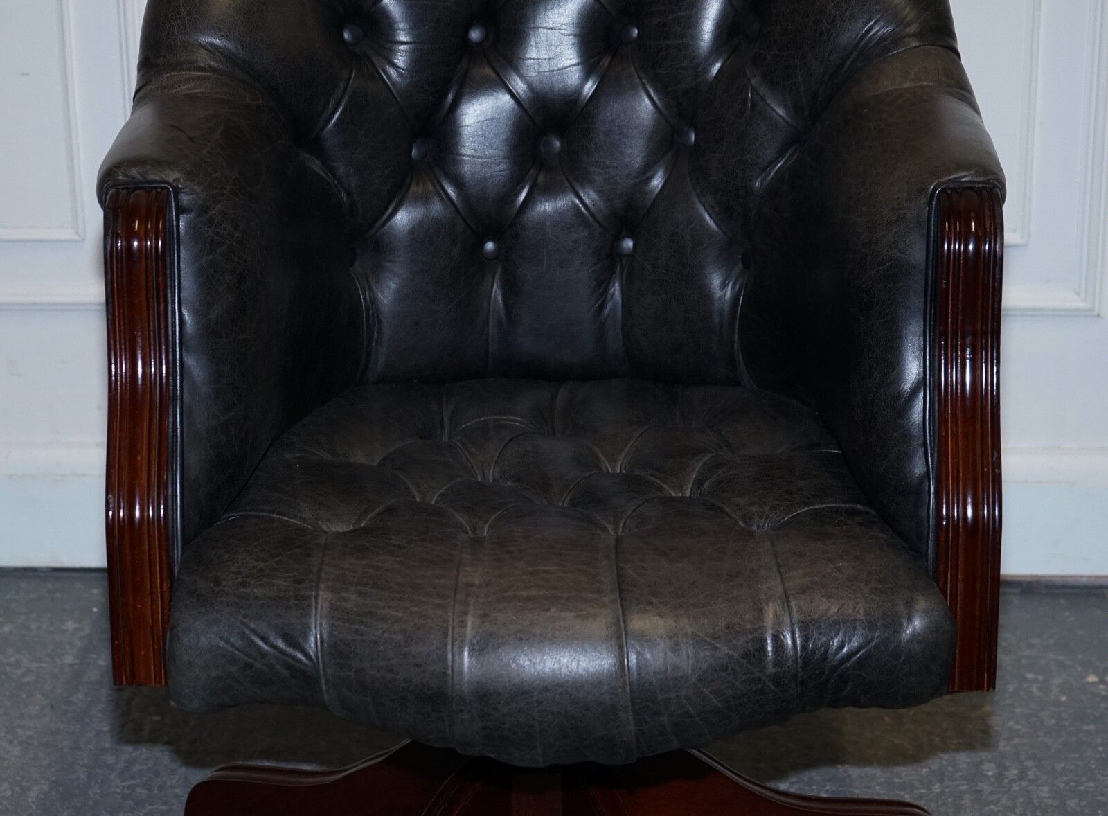 Vintage Chesterfield Dark Aged Grey Leather Directors Swifel Captains Chair photo vintage