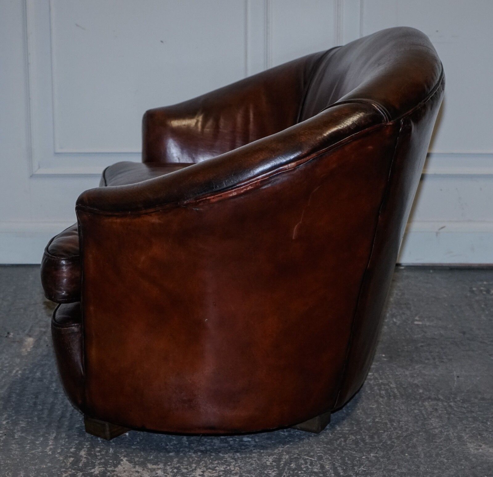 photo for sale 1920's Art Deco Restored Hand Dyed Whiskey Brown Suite Sofa Armchairs Footstools