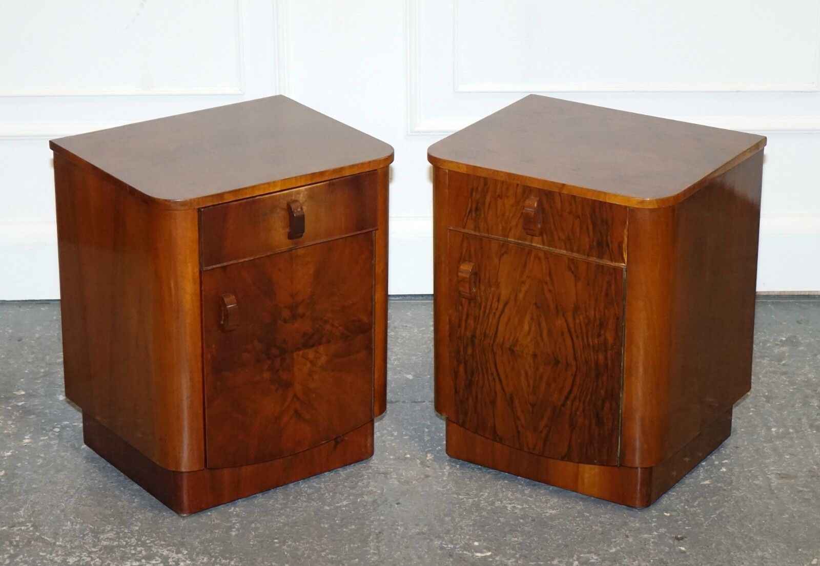 Pair Of 1930's Art Deco Burr Walnut Bedside Tables Nightstands Drawer & Cupboard photo furniture