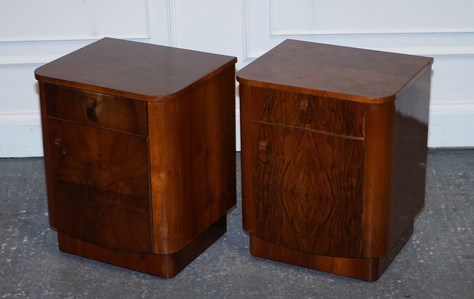 Pair Of 1930's Art Deco Burr Walnut Bedside Tables Nightstands Drawer & Cupboard photo for sale
