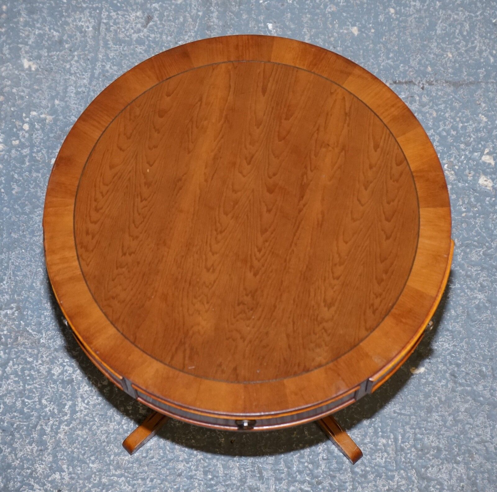 Vintage Yew Wood Circular Drum End Side Lamp Table photo vintage