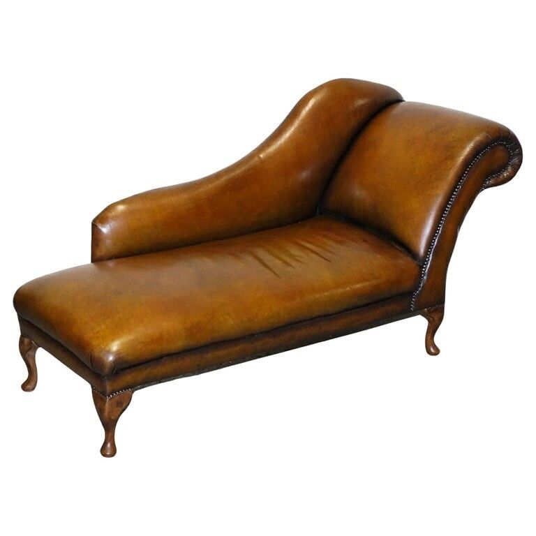 Antique Restored Victorian Brown Leather Hand Dyed Chaise Lounge Settee