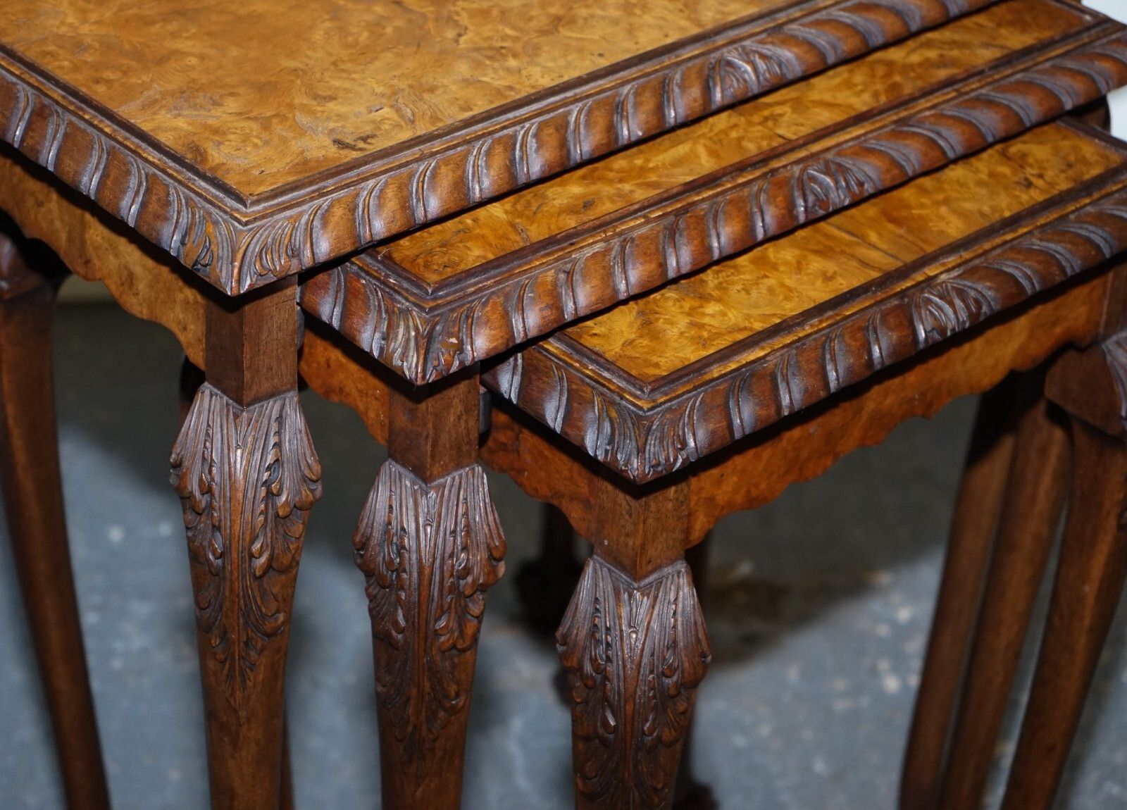 950.0 Stunning Burr Walnut Nest Of  Three Tables Carved Claw & Ball Feet photo