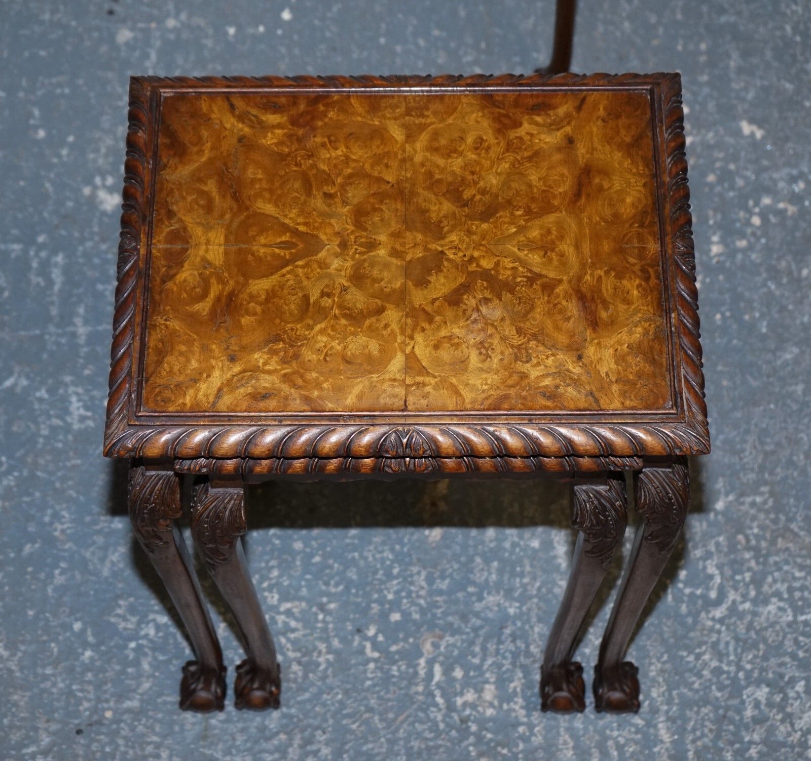 photo buy Stunning Burr Walnut Nest Of  Three Tables Carved Claw & Ball Feet