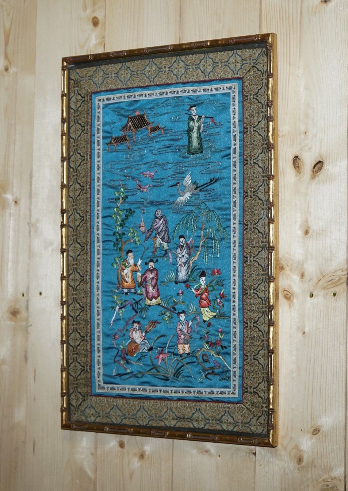 Vintage Chinese Hand Embroidered Silk Tapestry Panel In Faux Gilt Bamboo Frame photo Art