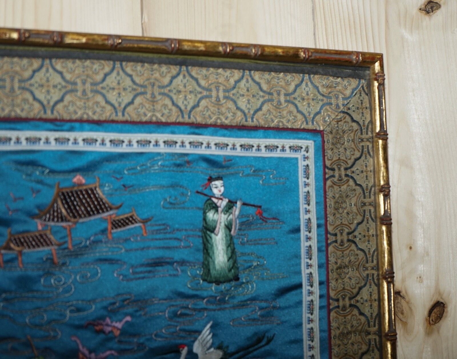 Vintage Chinese Hand Embroidered Silk Tapestry Panel In Faux Gilt Bamboo Frame photo 350.0