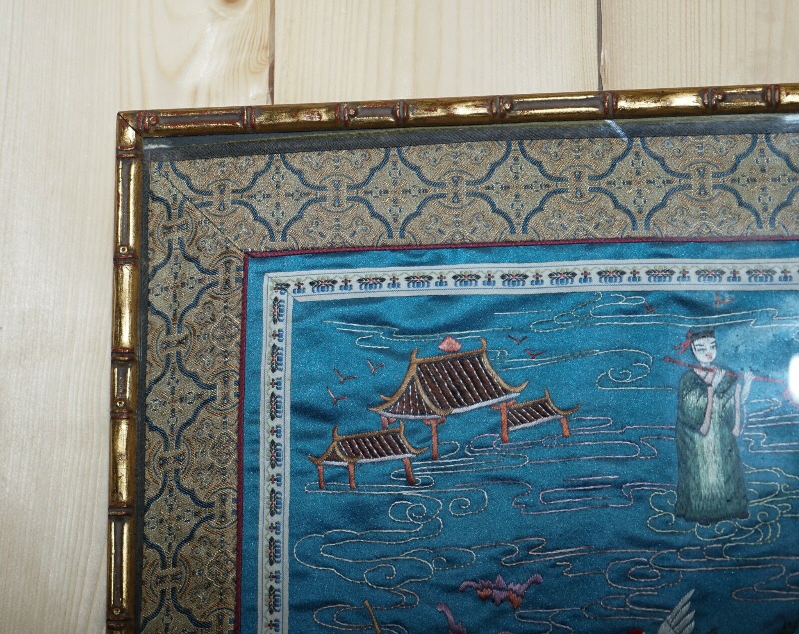 Vintage Chinese Hand Embroidered Silk Tapestry Panel In Faux Gilt Bamboo Frame photo vinterior