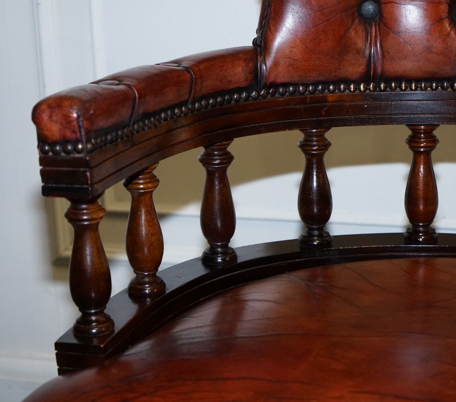 Antique Hand Dyed Brown Leather Chesterfield Captains Office Swivel Armchair photo vintage