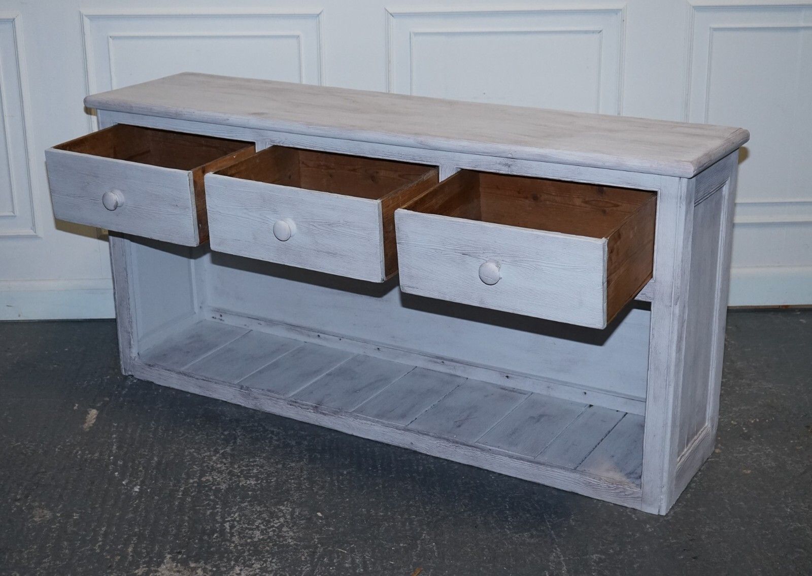 Antique Hand Painted English Pine Farmhouse Sideboard With Three Drawers photo Furniture