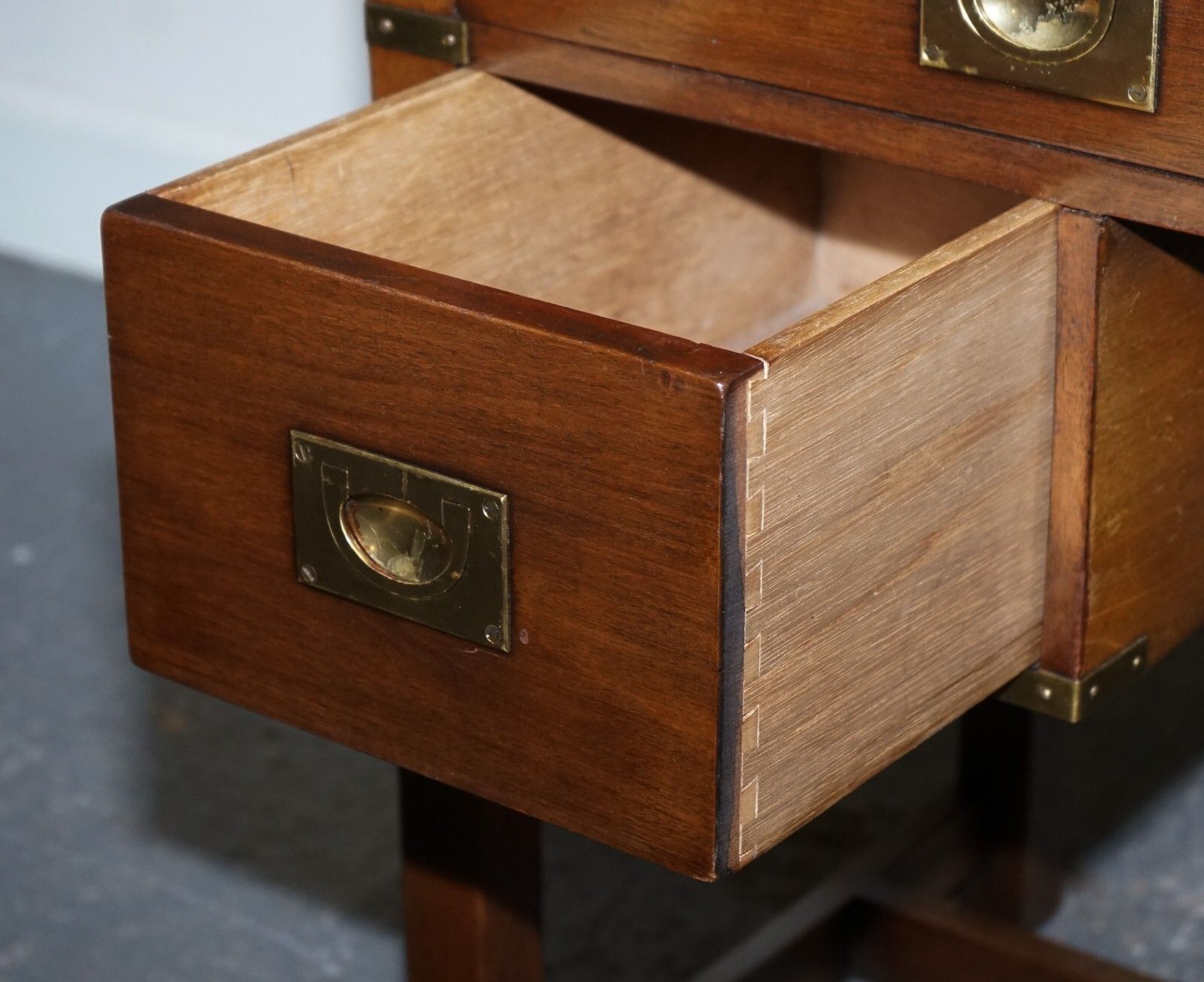 photo for sale Vintage Harrods London Kennedy Military Campaign Leather Top Writing Table Desk