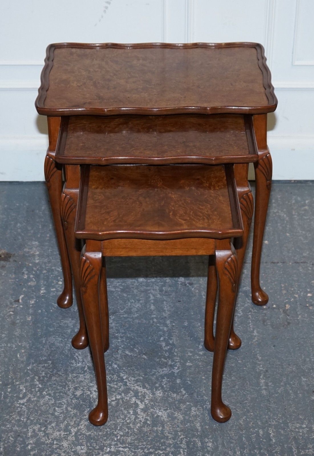 Furniture 1920 Art Deco Burr Walnut Nest Of Three Tables Queen Anne Legs photo