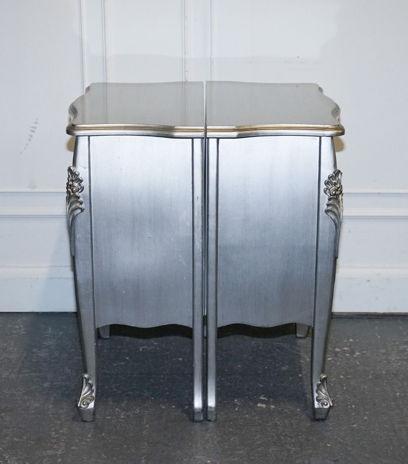 Lovely French Grey Silver Baroque Style 3 Drawer Bedside Tables Chest Of Drawers photo for sale