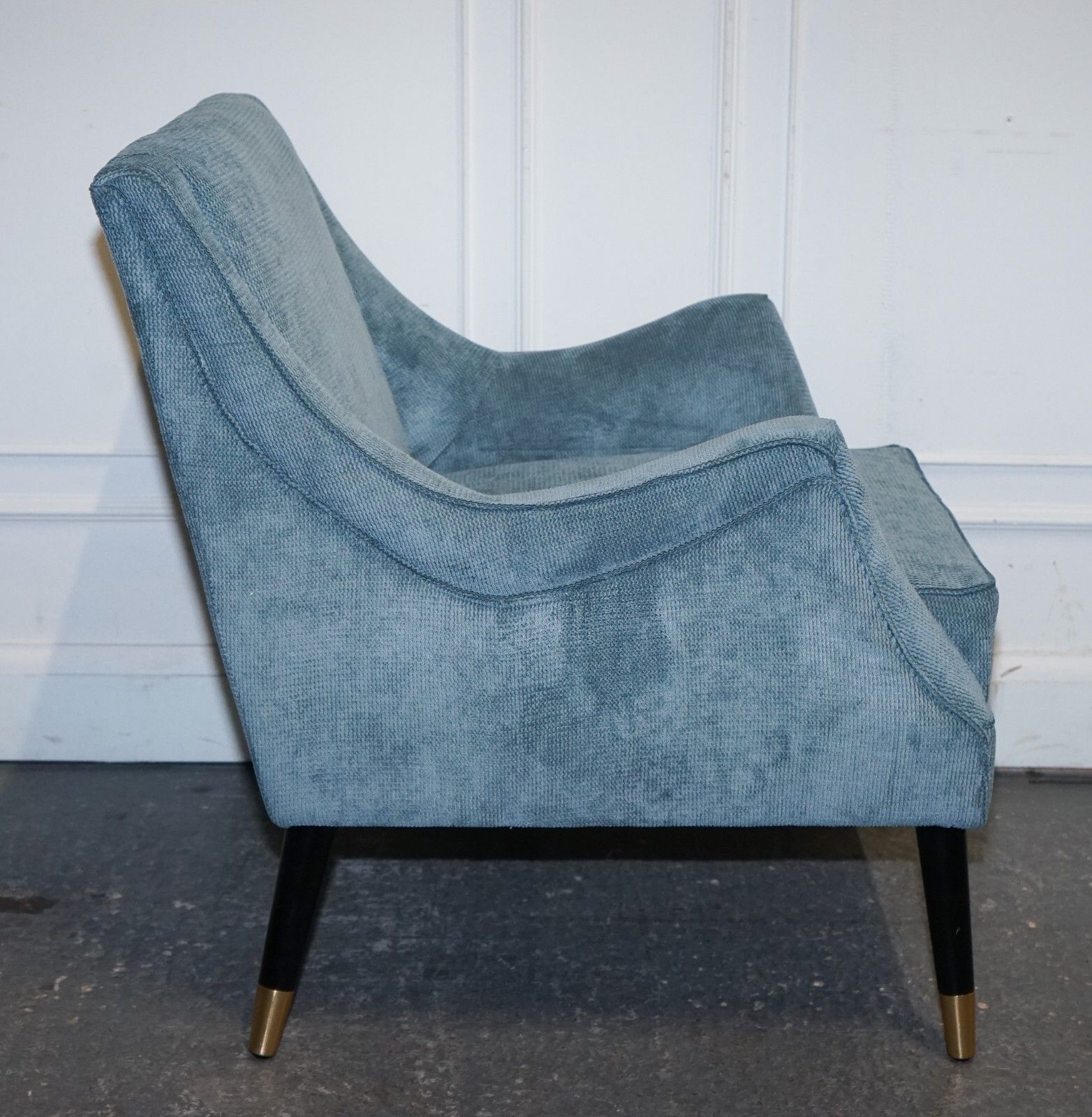 Elegant Pale Blue Velver Side Chair Armchair With Black And Gold Legs photo vinterior