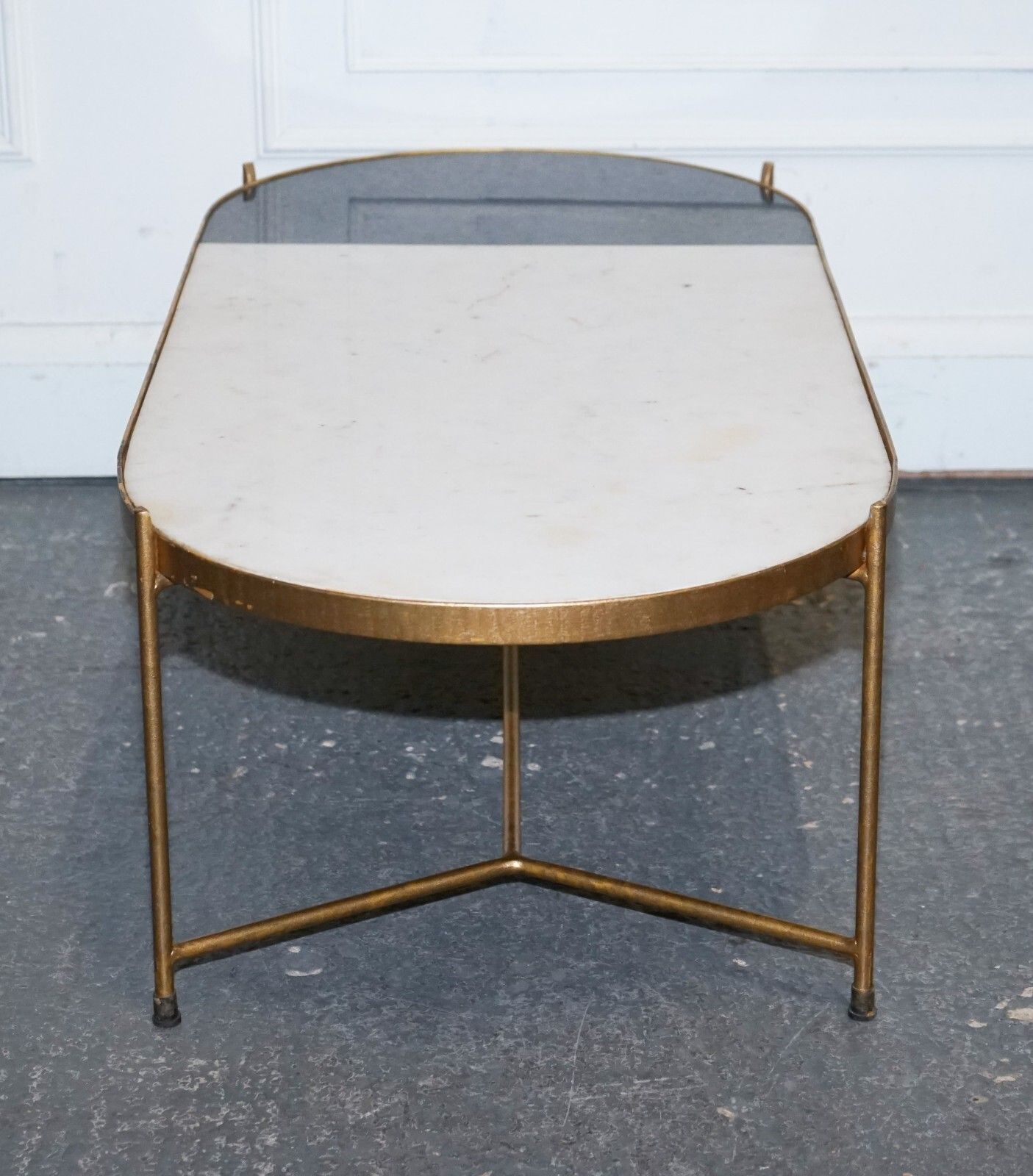 photo for sale Contemporary Italian Two Tone Marble & Limestone Coffee Table On Metal Gold Legs