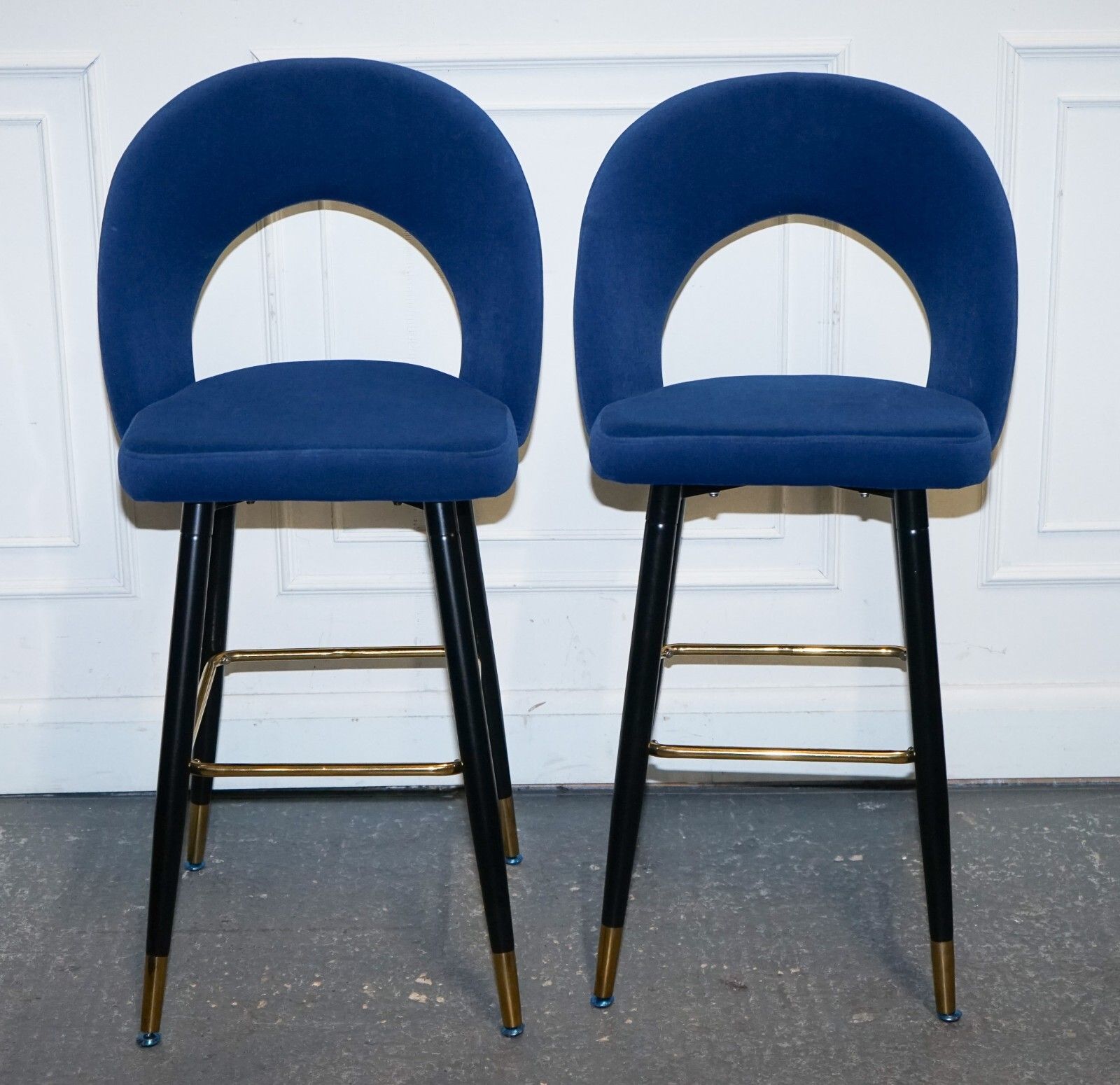 Beautiful Pair Of Blue Velvet Bar Chairs With Gold Detail On The Frame photo for sale