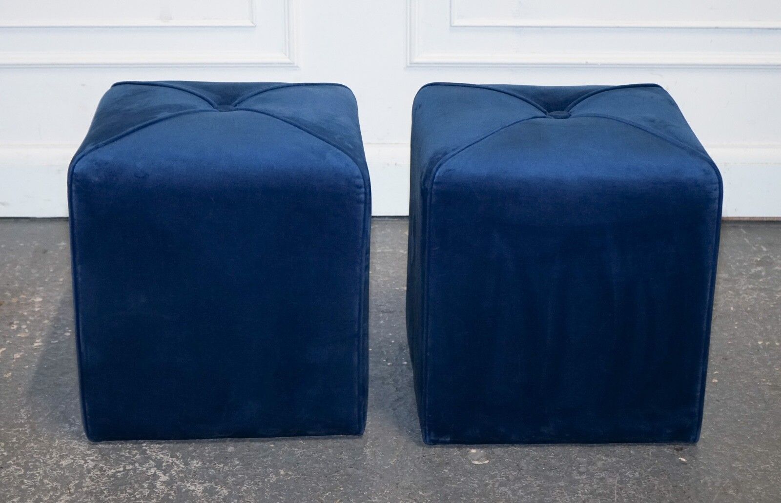 photo vinterior Ex Showroom Art Deco Style Pair Of Blue Velvet Touch Fabric Blue Stools