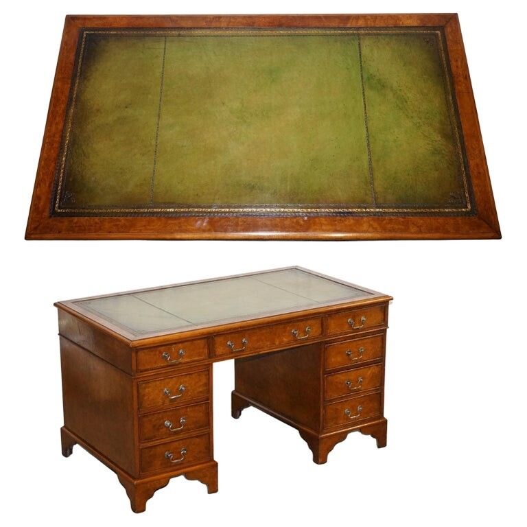 One Of A Kind Restored Victorian Burr Walnut Hand Dyed Leather Pedestal Desk