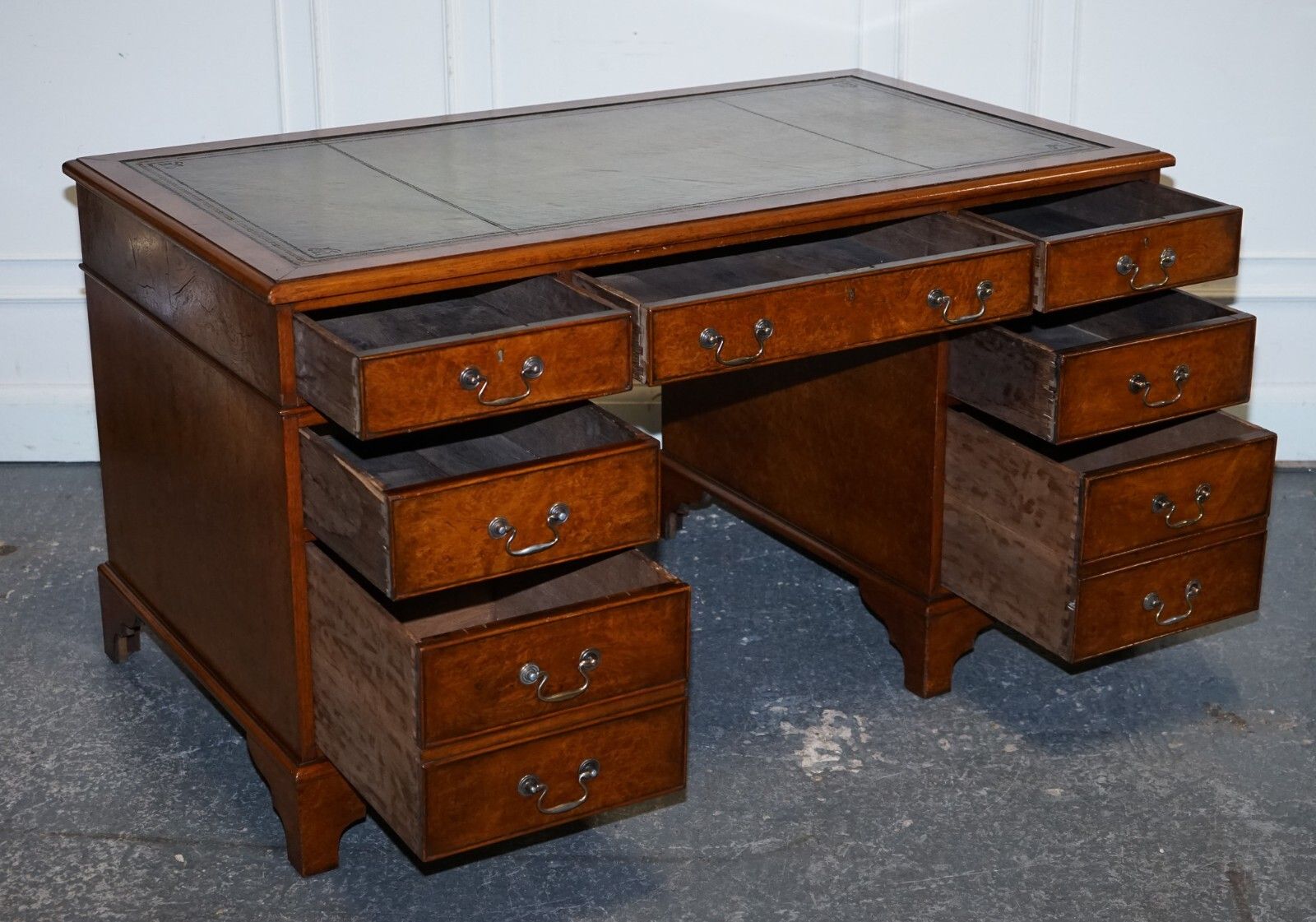 One Of A Kind Restored Victorian Burr Walnut Hand Dyed Leather Pedestal Desk photo for sale
