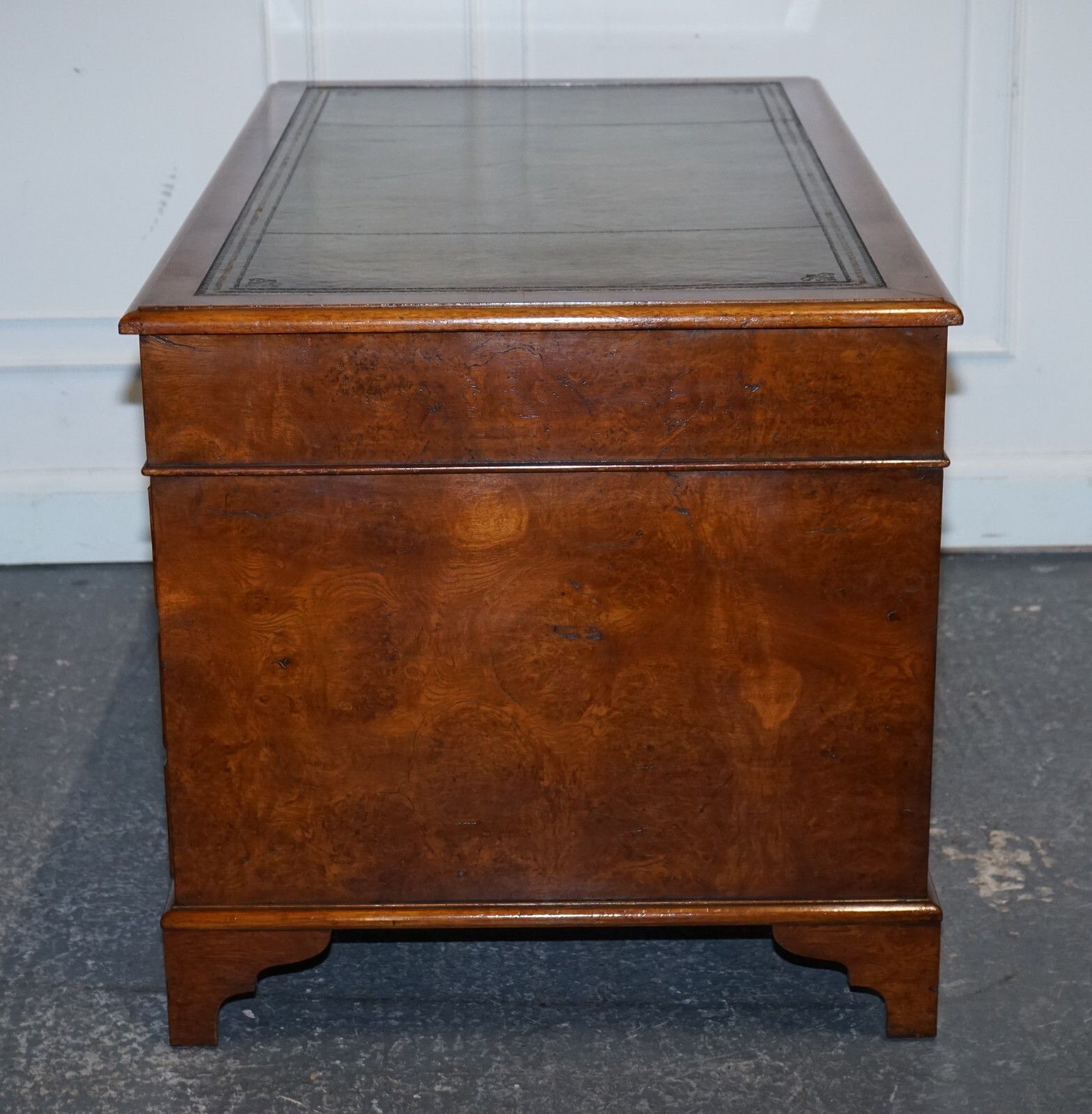 photo for sale One Of A Kind Restored Victorian Burr Walnut Hand Dyed Leather Pedestal Desk