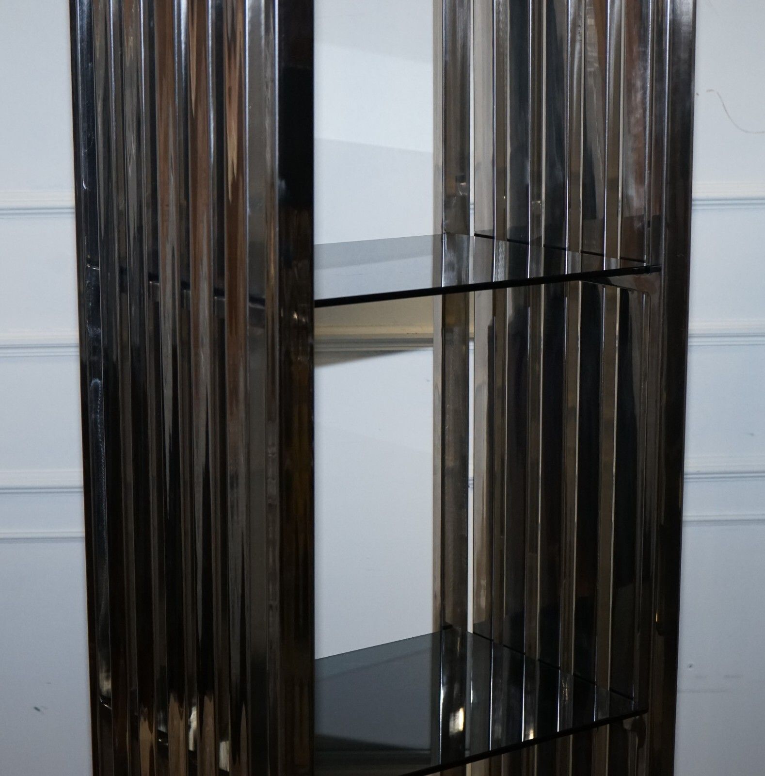 photo furniture Stunning Casa Padrino Stainless Steel Pair Of Bookcases And Smoked Glass Shelfs