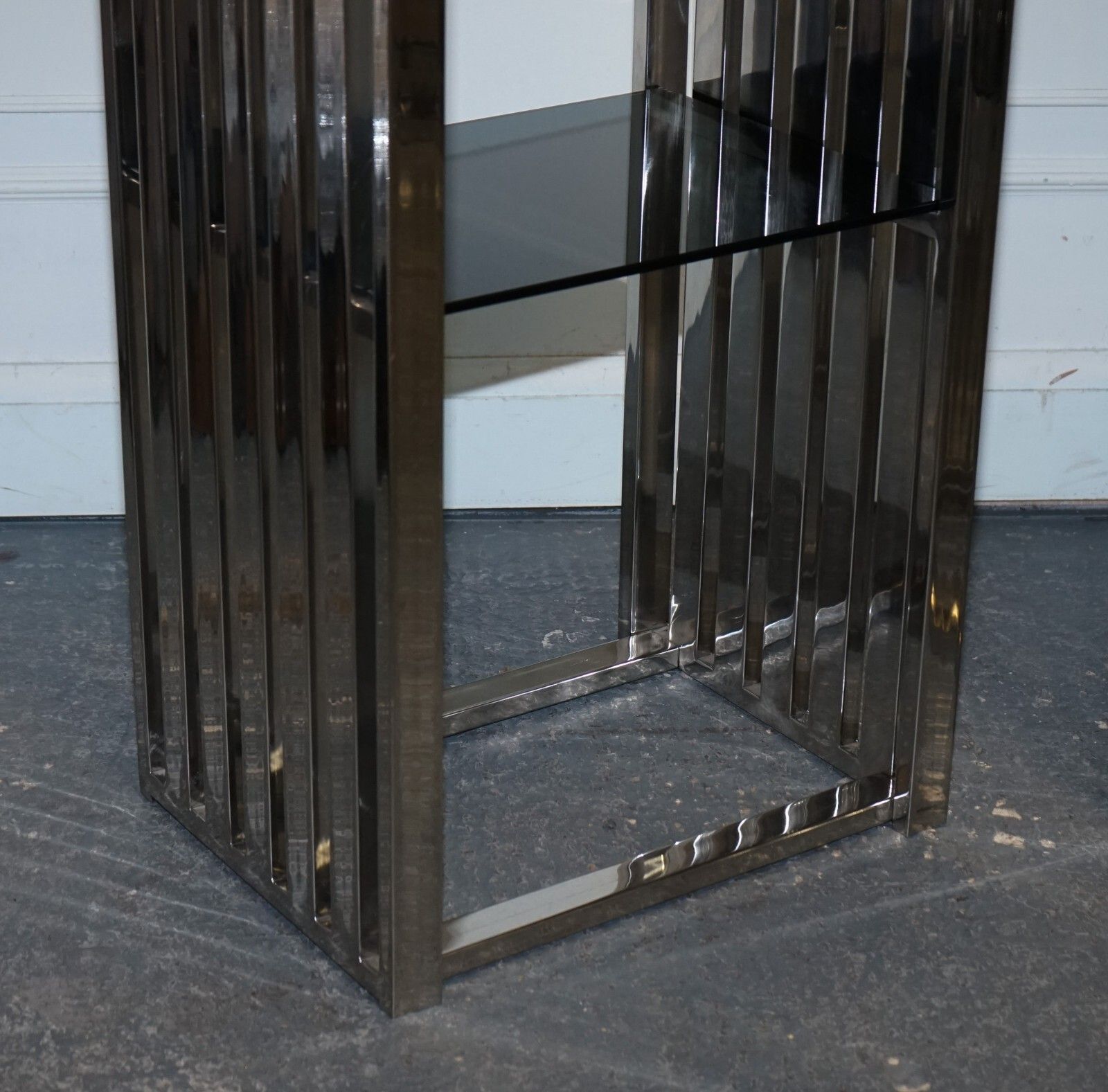 photo for sale Stunning Casa Padrino Stainless Steel Pair Of Bookcases And Smoked Glass Shelfs