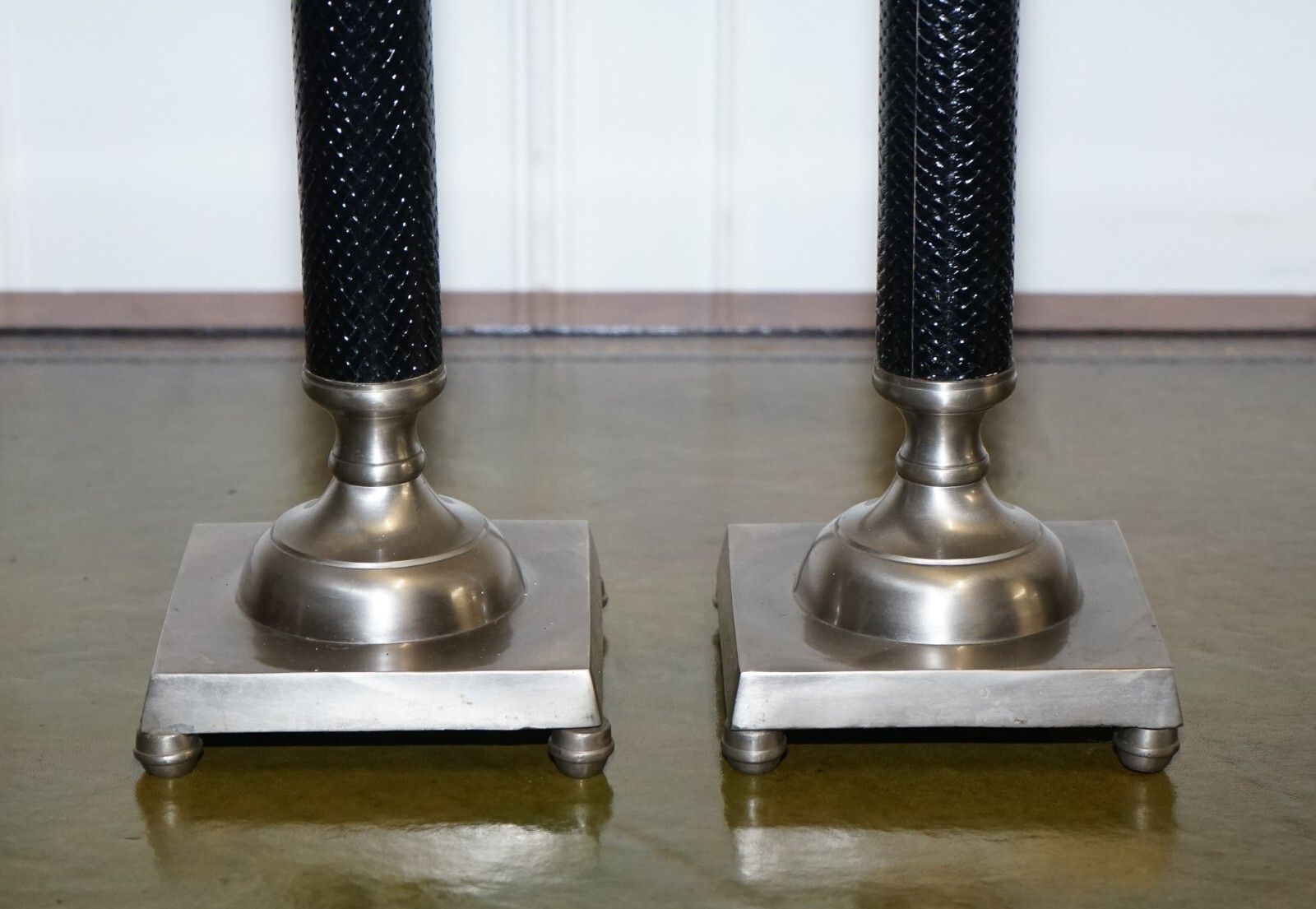 Pair Of Silver Stainless Steel & Black Ralph Lauren Style Candleholders photo vintage