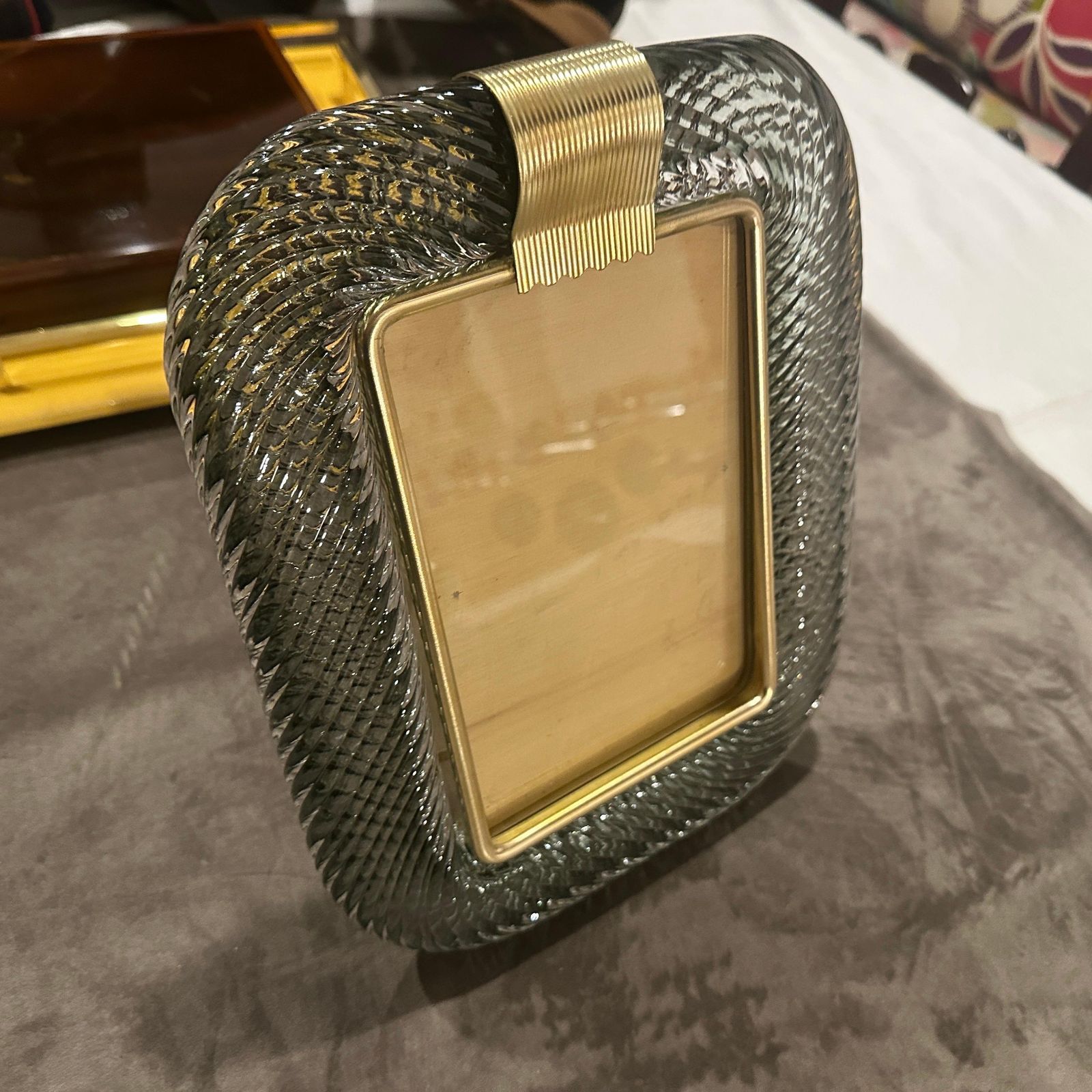 1990s Barovier Style Art Deco Grey Murano Glass And Brass Picture Frame photo vinterior