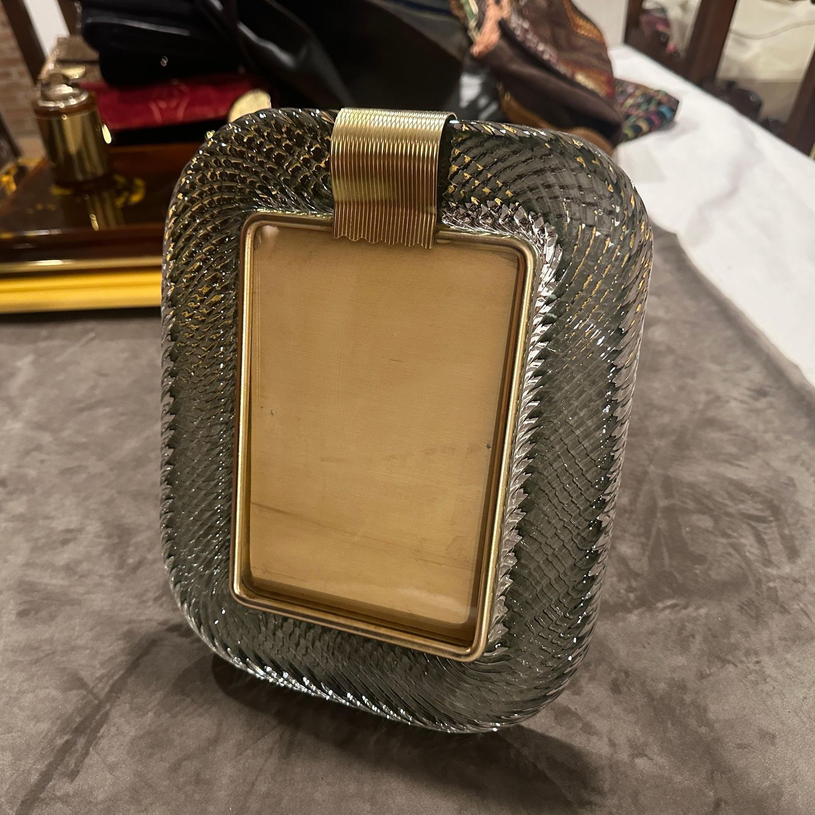 1409.0 1990s Barovier Style Art Deco Grey Murano Glass And Brass Picture Frame photo