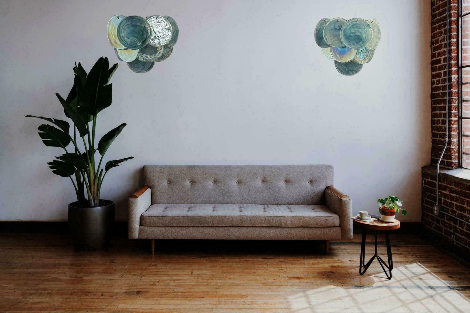 Elegant Pair Of Glass Wall Sconces   10 Iridescent Alabaster Blue Discs photo furniture
