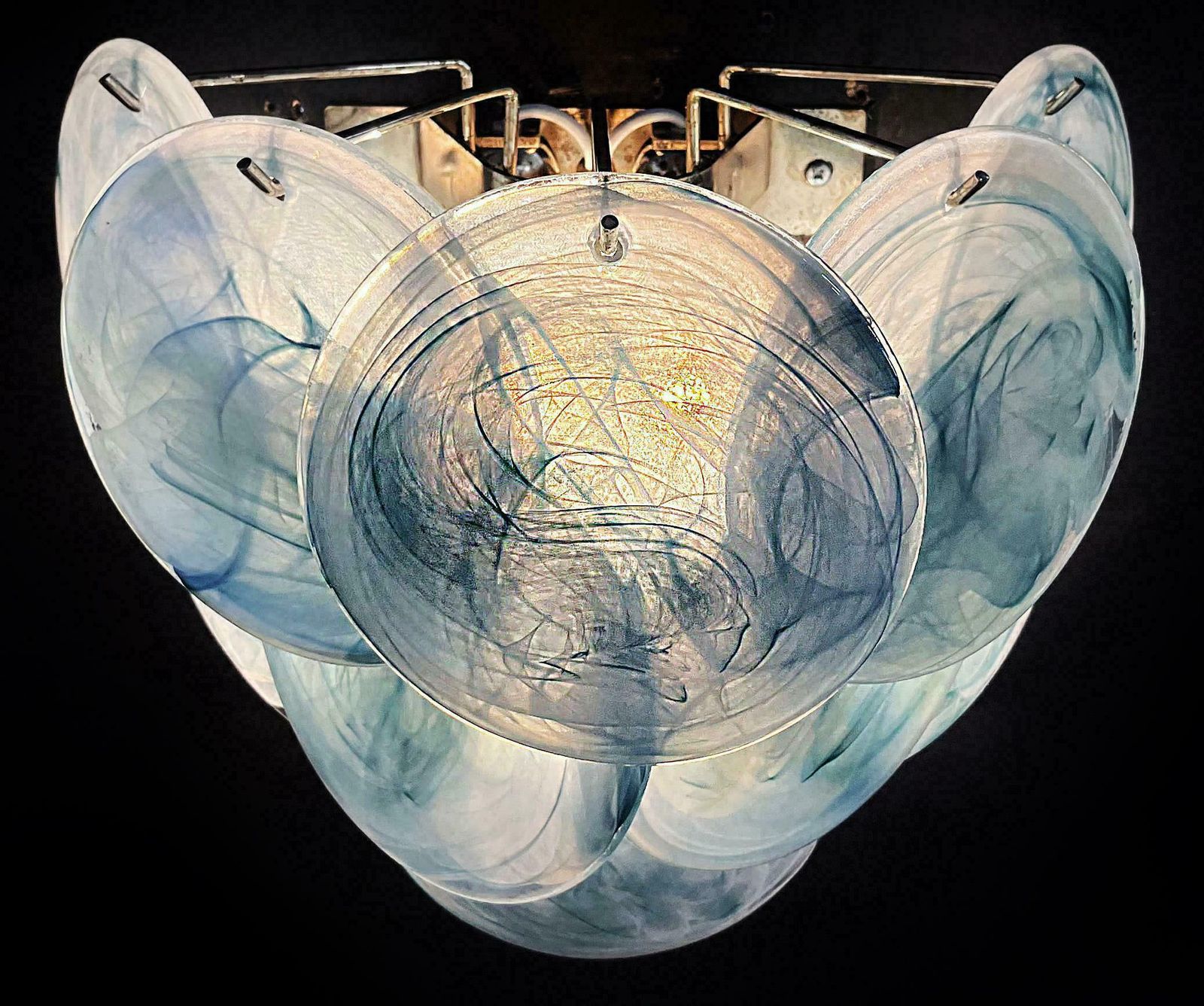 Elegant Pair Of Glass Wall Sconces   10 Iridescent Alabaster Blue Discs photo 524.0