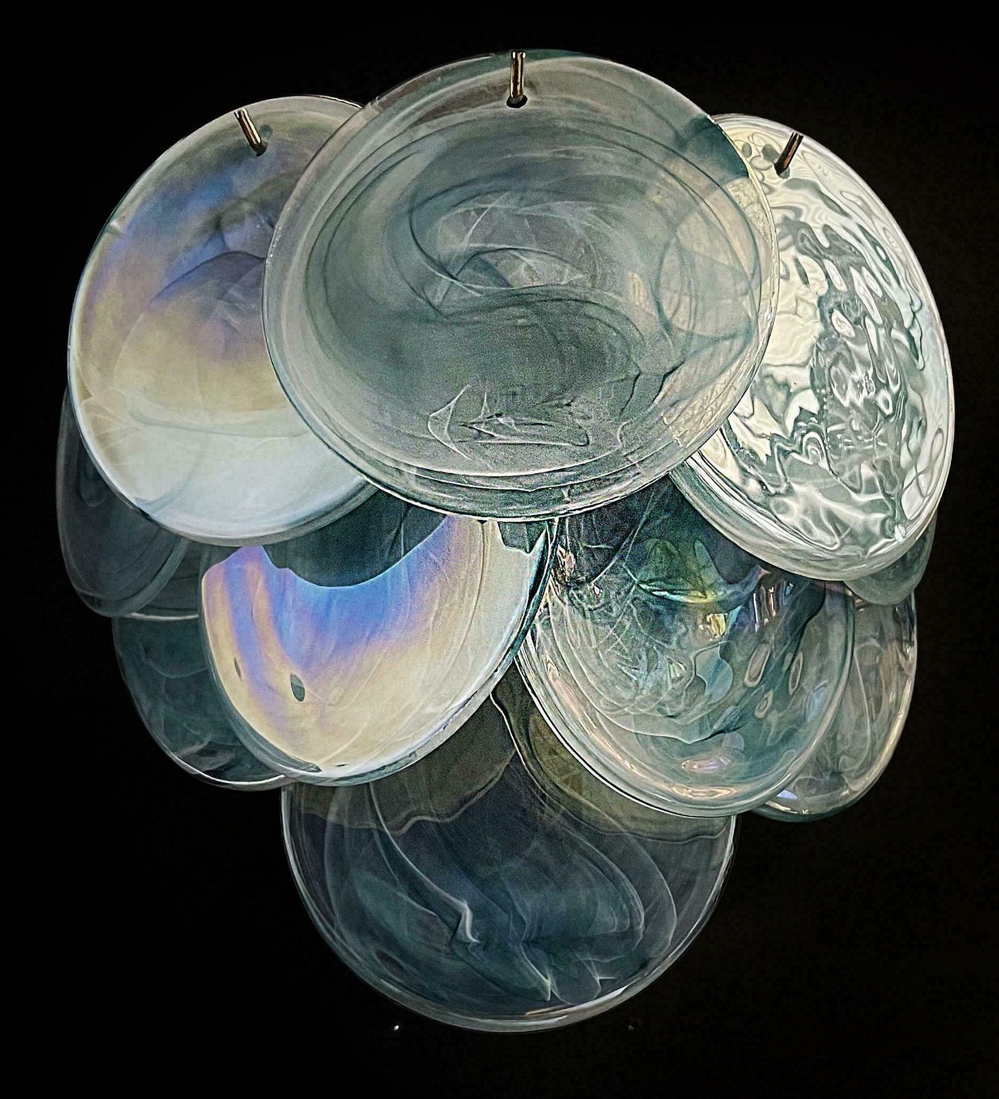 524.0 Elegant Pair Of Glass Wall Sconces   10 Iridescent Alabaster Blue Discs photo