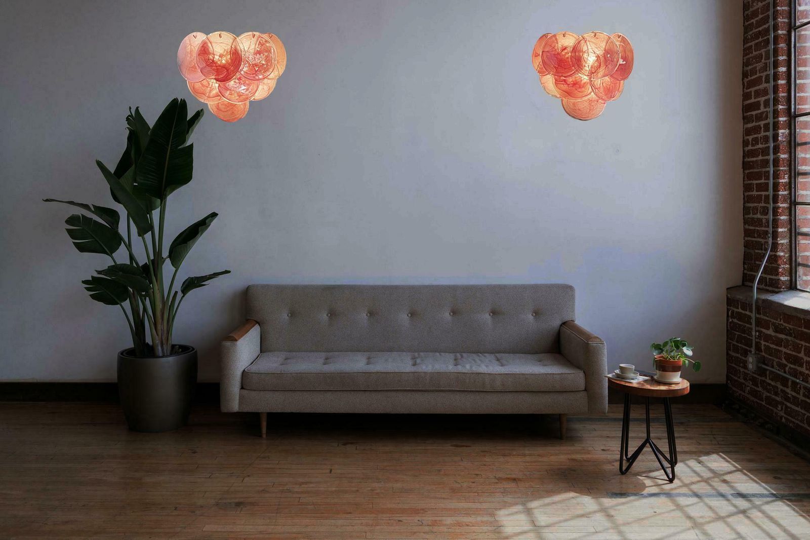 Beautiful Pair Of Glass Wall Sconces  10 Iridescent Alabaster Pink Discs photo vinterior