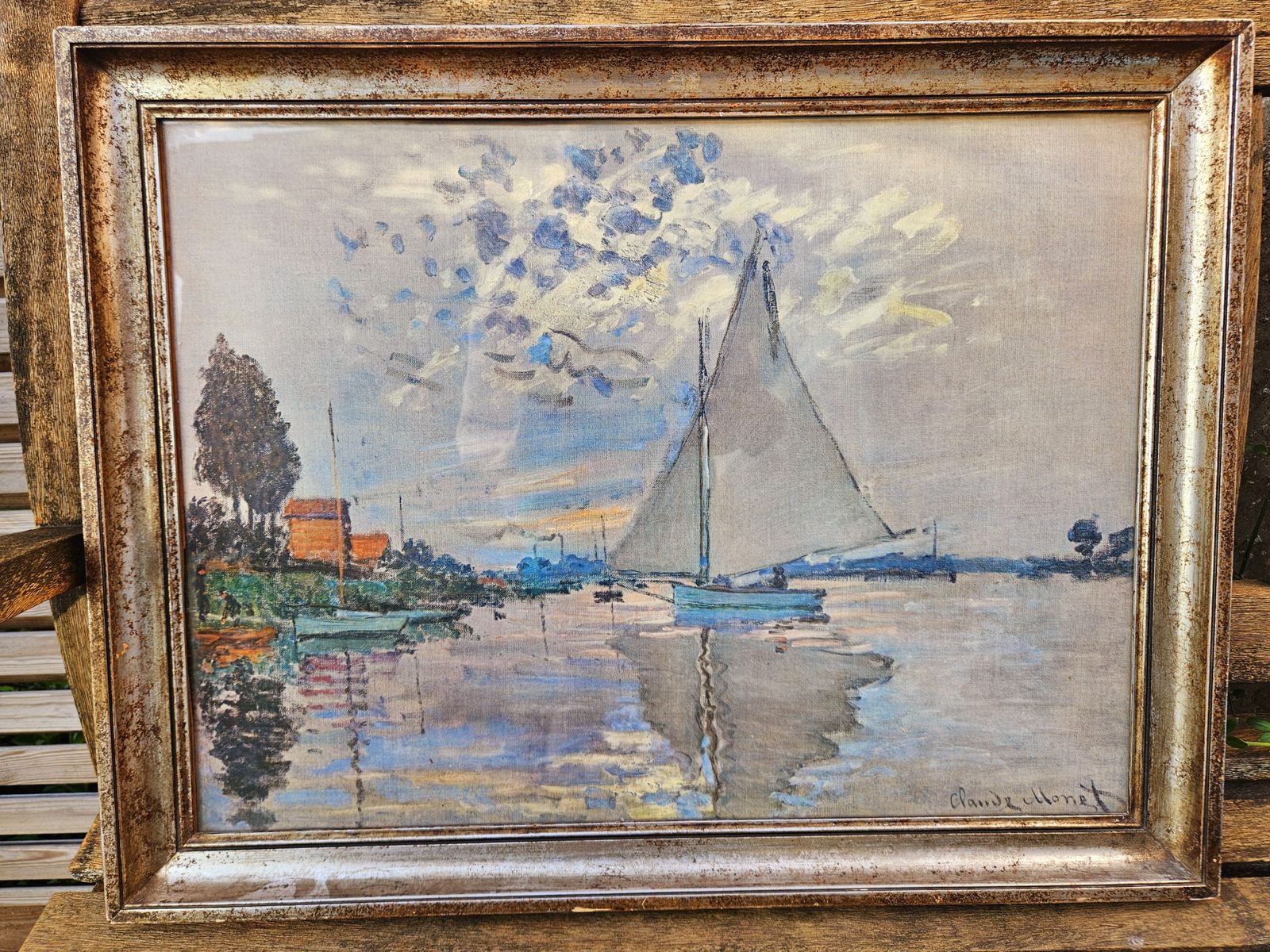Beautiful French, Mid Century Reproduction / Print Of Monet's Sailboat Au Petit Gennevilliers photo furniture