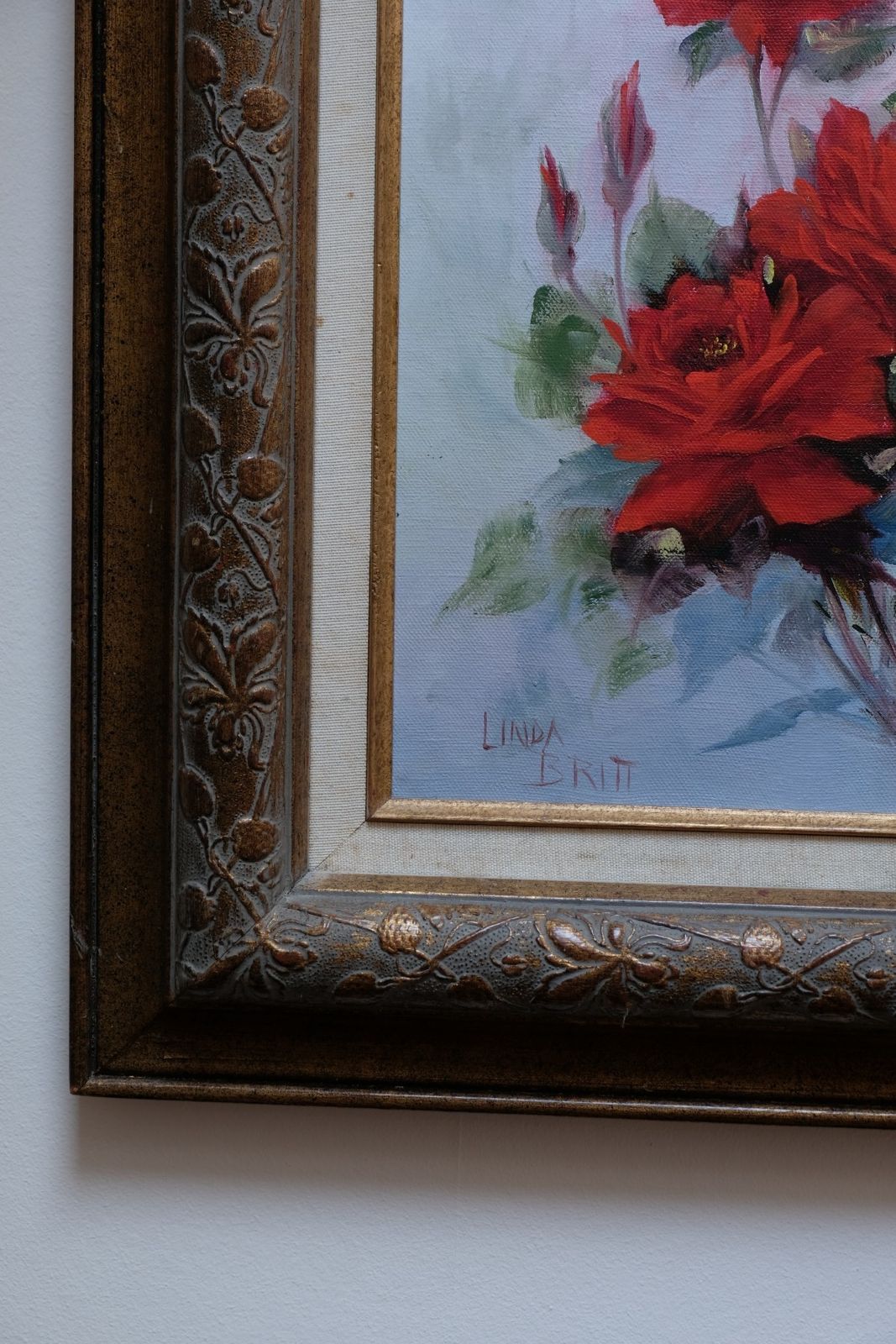 Still Life Of Red Roses Oil On Canvas Signed Linda Britt photo for sale