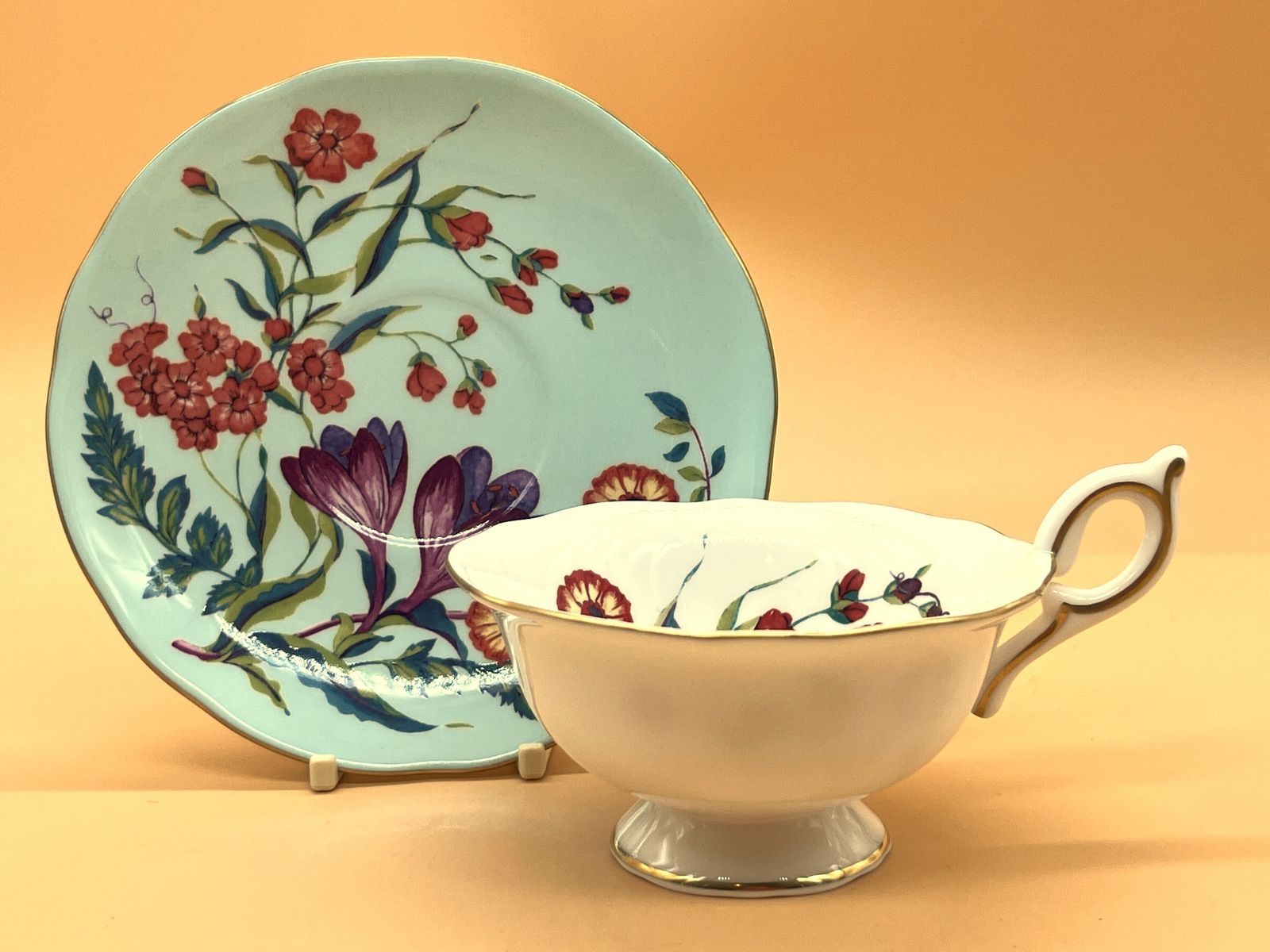 Wedgwood China Harlequin Collection Turquoise Crocus Design Footed Tea Cup And Saucer Duo. photo vintage