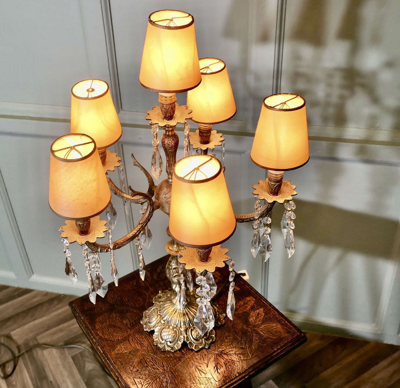 French Brass And Crystal 6 Branch Chandelier Table Lamp, Girandole photo 834.0
