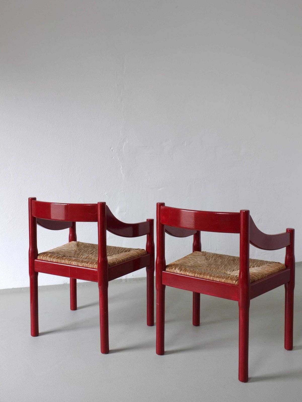 2 Red Vico Magistretti “Carimate” Style Armchairs | Italy | 1970s photo vinterior
