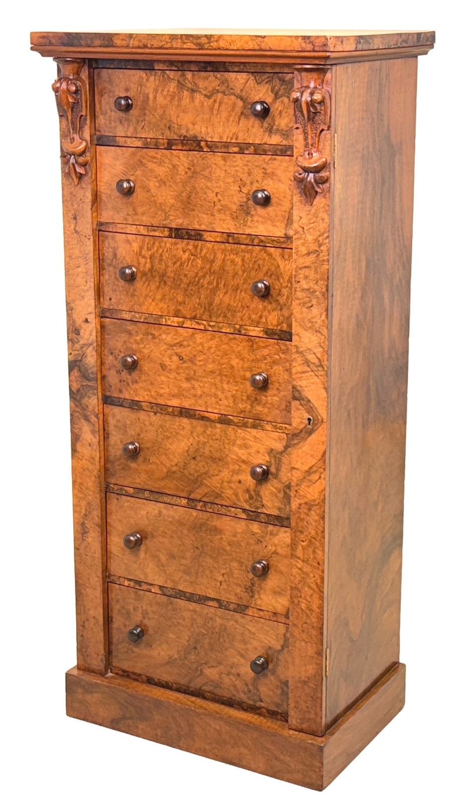 Mid 19th Century Burr Walnut Wellington Chest Of Drawers (England, Circa 1860)