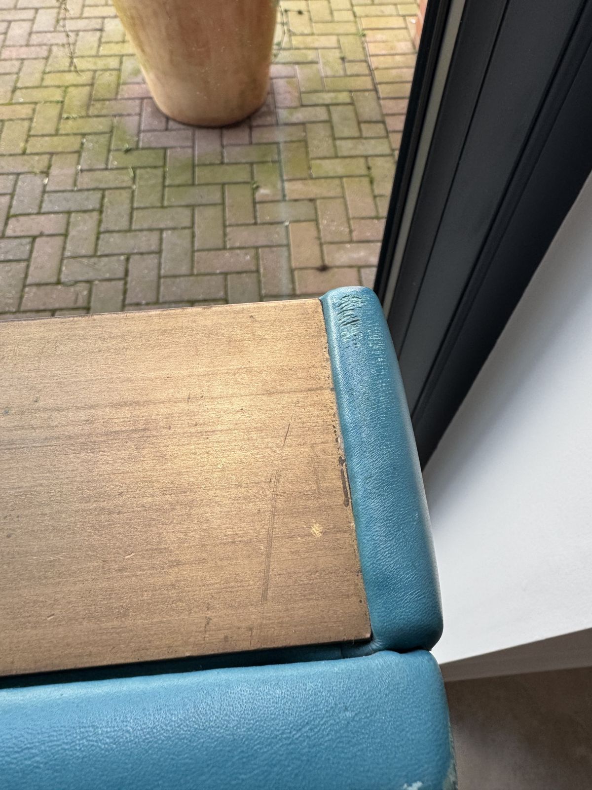 Retro Leather And Aged Brass Sofa In A Teal Colour Bought Originally From House Curious photo 550.0
