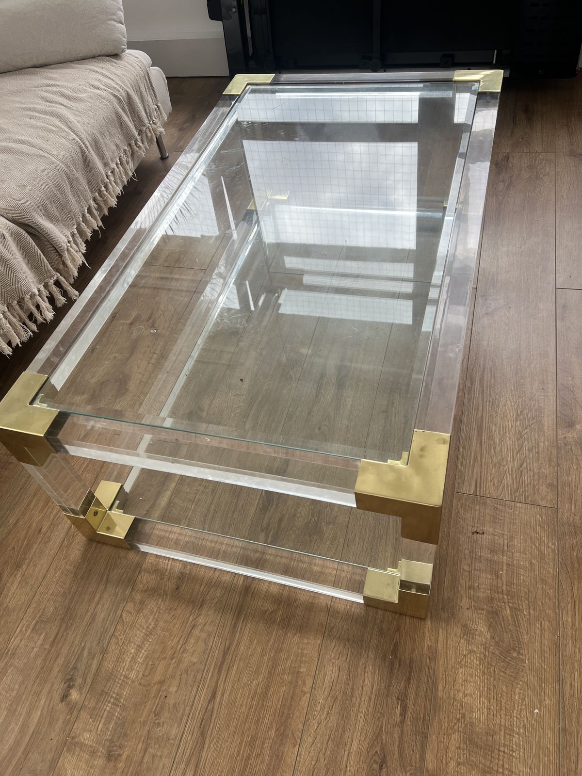 Charles Hollis Jones Vintage Glass, Lucite & Brass Coffee Table photo for sale