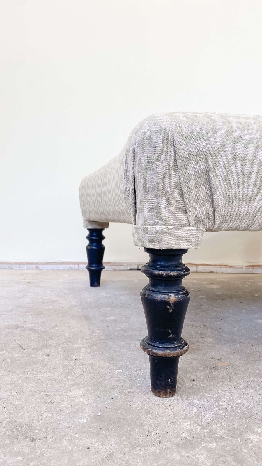 French Ottoman Footstool | Pouffe In Green Geometric Fabric With Ebonised Legs