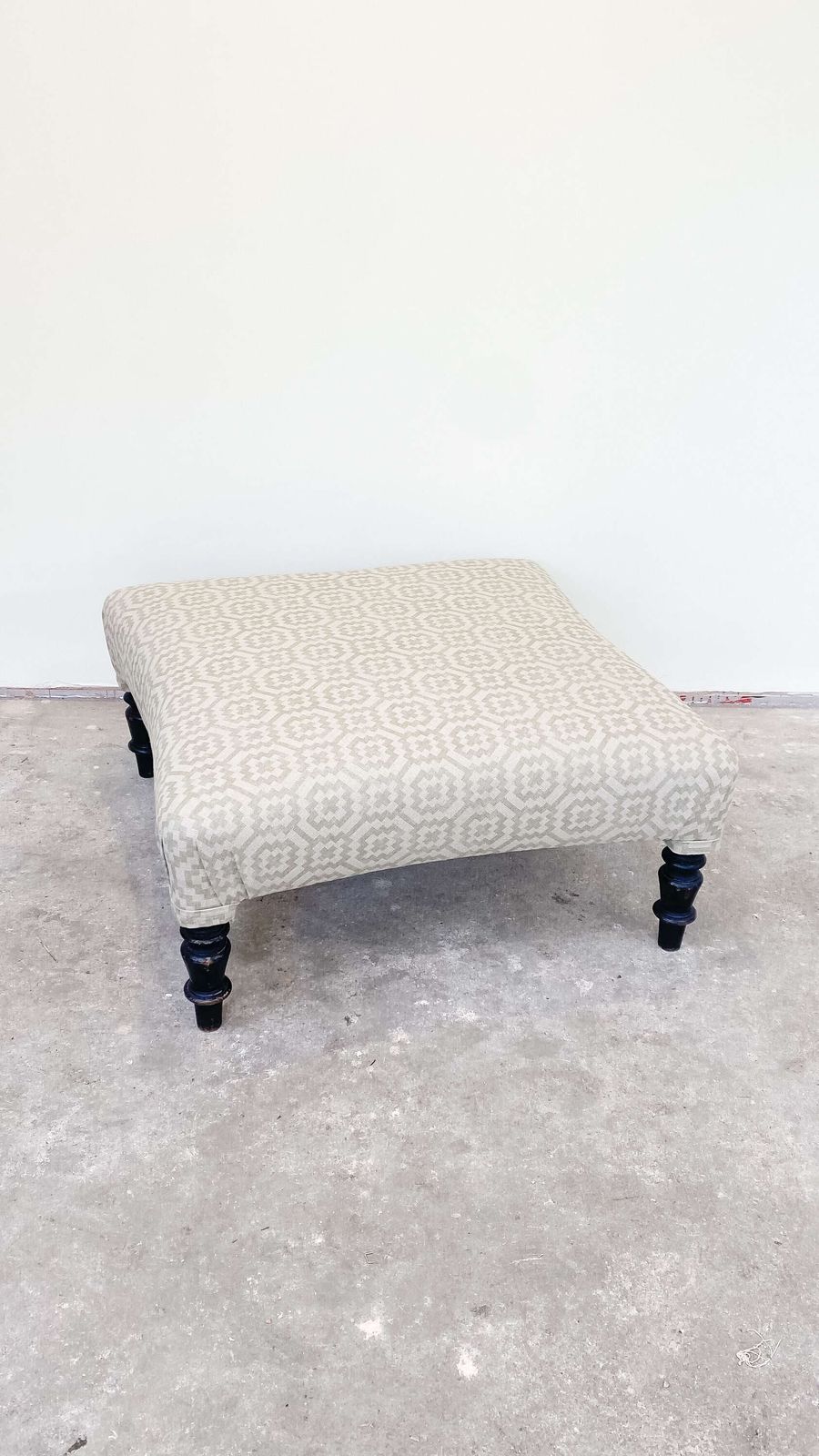 French Ottoman Footstool | Pouffe In Green Geometric Fabric With Ebonised Legs photo 375.0