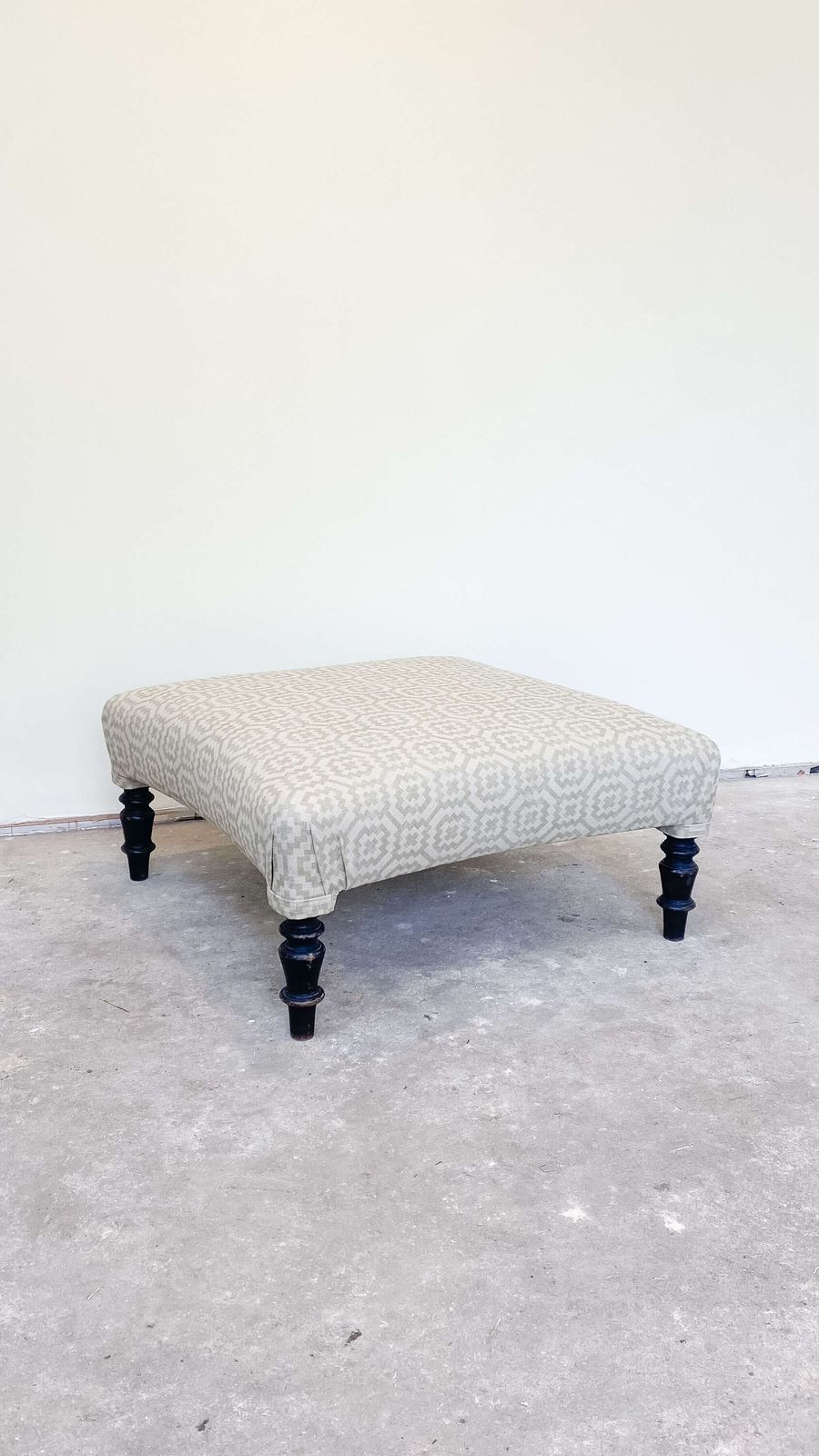 French Ottoman Footstool | Pouffe In Green Geometric Fabric With Ebonised Legs photo buy