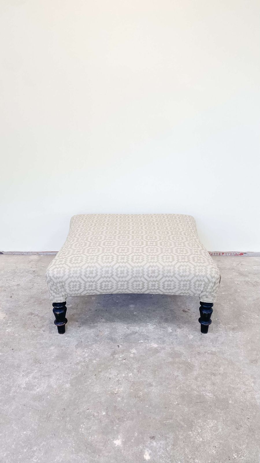 French Ottoman Footstool | Pouffe In Green Geometric Fabric With Ebonised Legs photo vintage