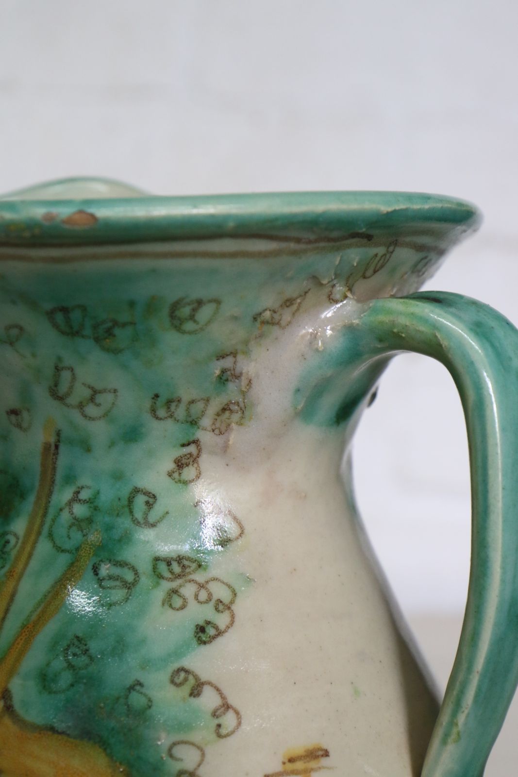 95.0 Antique Spanish San Jose Pottery Jug Ewer Hand Painted And Beautiful photo