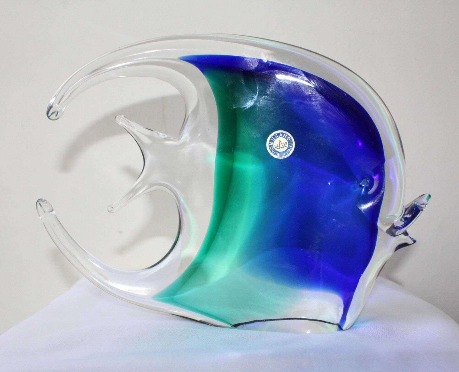 photo for sale Large Vintage Murano Italian Art Glass Fish, Fish Glass Sculpture, Sommerso Technique, Original Label, Blue Green Layer, Hand Made Flattened