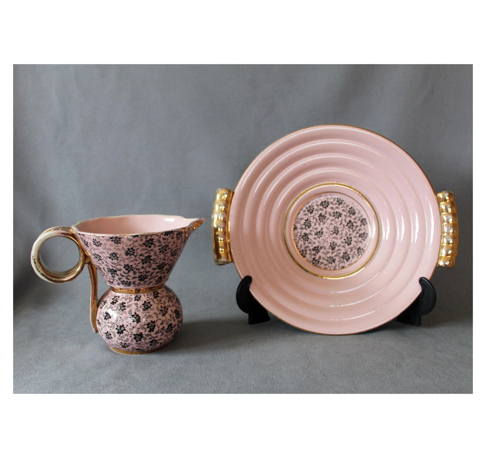 Set Van 2 Art Deco Raymond Chevallier, Boch Freres Keramis Grote Keramische Schaal En Kan, Middenstuk België, Zachtroze, Catteau Ca. 1938